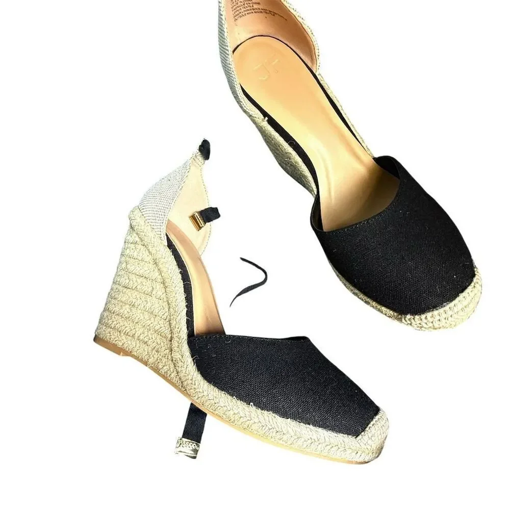 JustFab Women's Black Espadrille Wedge Sandals Size 9.5 Ankle Tie